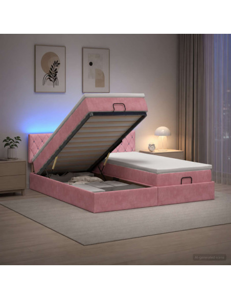 Letto Ottomano con Materasso e LED Rosa 160 x 200 cm Velluto