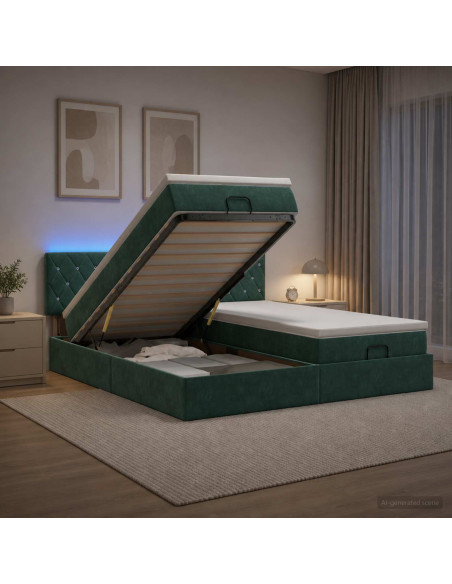 Letto Ottomano con Materasso e LED Verde Scuro 180 x 200 cm