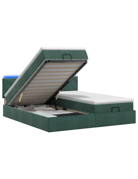 Letto Ottomano con Materasso e LED Verde Scuro 160 x 200 cm