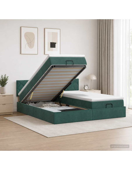 Letto Ottomano con Materasso e LED Verde Scuro 160 x 200 cm