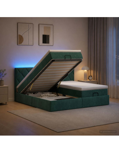 Letto Ottomano con Materasso e LED Verde Scuro 160 x 200 cm
