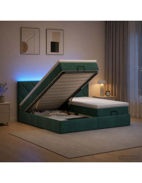 Letto Ottomano con Materasso e LED Verde Scuro 160 x 200 cm