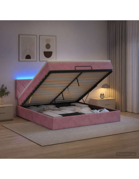 Letto Ottomano con Materasso e LED Rosa 140 x 200 cm Velluto