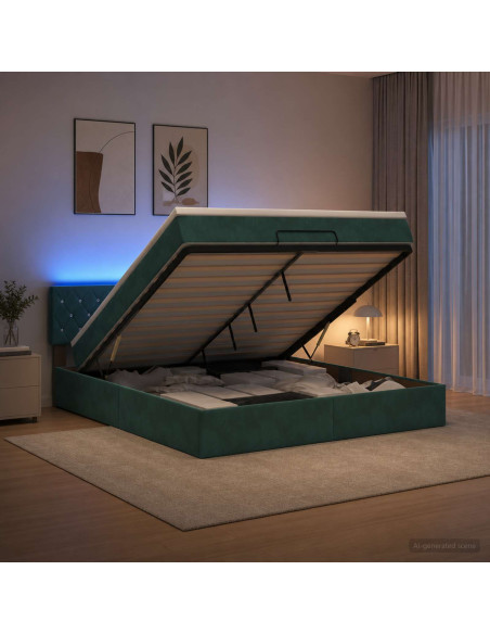 Letto Ottomano con Materasso e LED Verde Scuro 180 x 200 cm