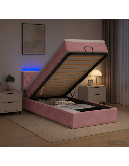 Letto Ottomano con Materasso e LED Rosa 90 x 190 cm Velluto