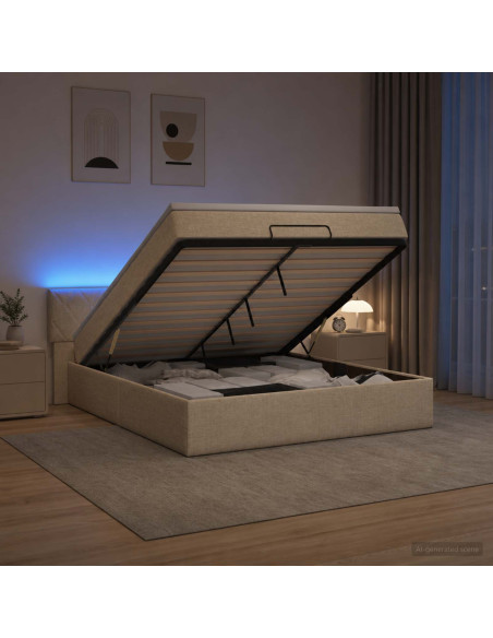 Letto Ottomano con Materasso e LED Crema 180 x 200 cm Tessuto