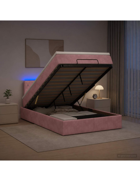 Letto Ottomano con Materasso e LED Rosa 120 x 200 cm Velluto