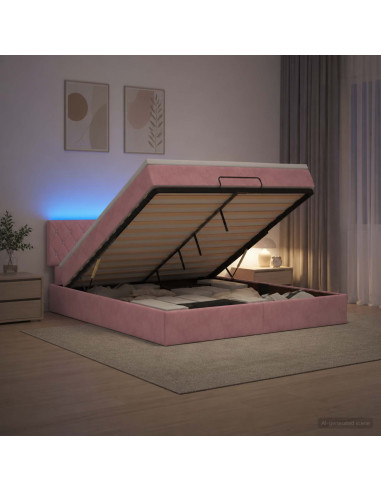 Letto Ottomano con Materasso e LED Rosa 160 x 200 cm Velluto