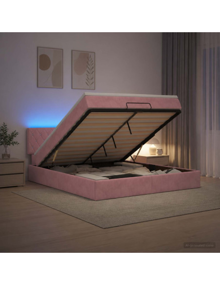 Letto Ottomano con Materasso e LED Rosa 160 x 200 cm Velluto