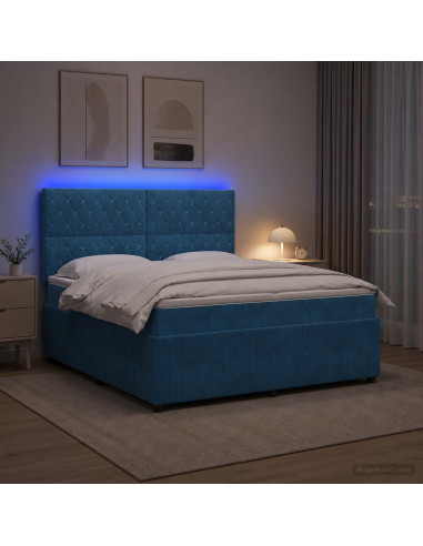 Letto Box Spring LED con Materasso Blu 160 x 200 cm Velluto