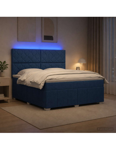 Letto Box Spring LED con Materasso Blu 140 x 200 cm Tessuto