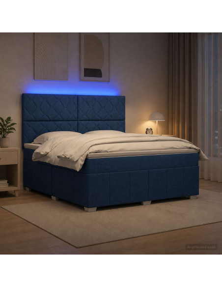 Letto Box Spring LED con Materasso Blu 140 x 200 cm Tessuto