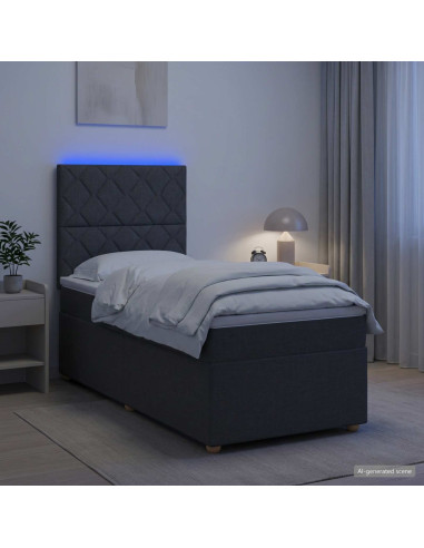 Letto Box Spring LED con Materasso Grigio Scuro 90 x 190 cm