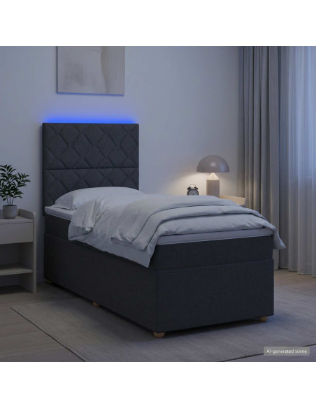 Letto Box Spring LED con Materasso Grigio Scuro 90 x 190 cm