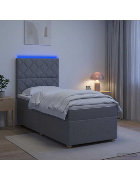 Letto Box Spring LED con Materasso Grigio Chiaro 90 x 190 cm