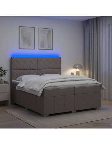 Letto Box Spring LED con Materasso Tortora 200 x 200 cm Tessuto