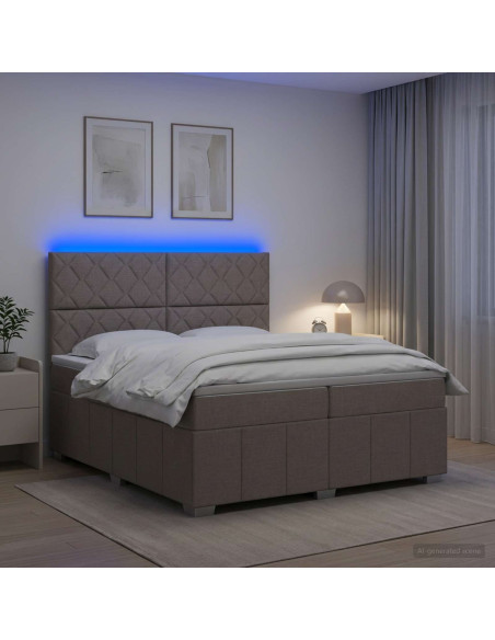 Letto Box Spring LED con Materasso Tortora 200 x 200 cm Tessuto