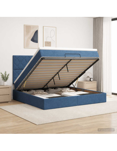 Letto Ottomano con Materasso e LED Blu 140 x 200 cm Tessuto