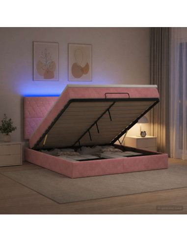 Letto Ottomano con Materasso e LED Rosa 180 x 200 cm Velluto