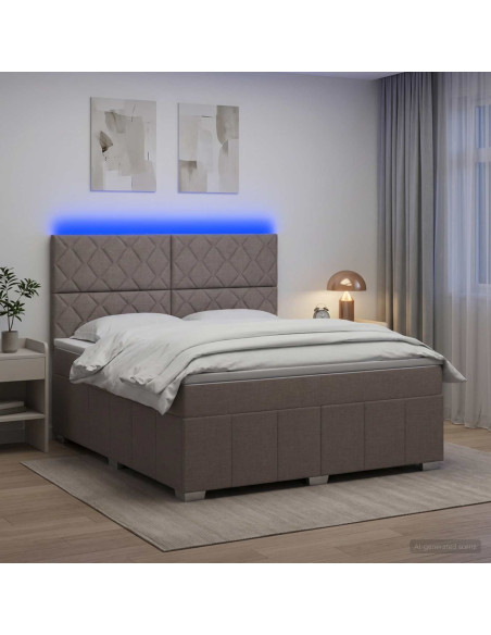 Letto Box Spring LED con Materasso Tortora 180 x 200 cm Tessuto