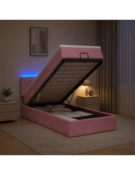 Letto Ottomano con Materasso e LED Rosa 100 x 200 cm Velluto