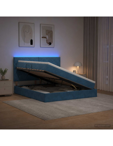 Letto con contenitore LED e materasso Blu Scuro 160 x 200 cm