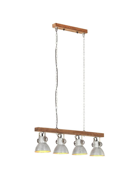 Lampada a Sospensione Industriale Argento E27 Legno di Mango