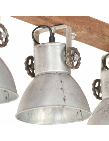 Lampada a Sospensione Industriale Argento E27 Legno di Mango