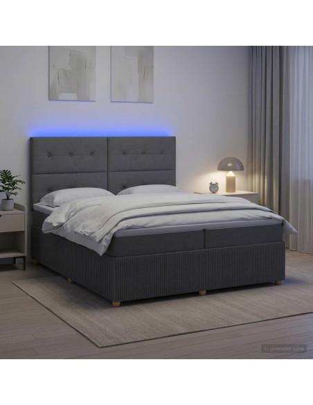 Letto Box Spring LED con Materasso Grigio Scuro 200 x 200 cm