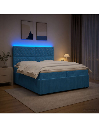 Letto Box Spring LED con Materasso Blu 200 x 200 cm Velluto