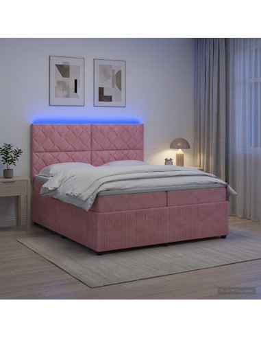 Letto Box Spring LED con Materasso Rosa 200 x 200 cm Velluto