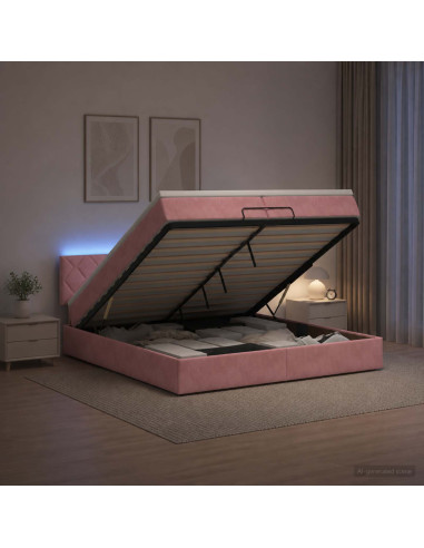 Letto Ottomano con Materasso e LED Rosa 200 x 200 cm Velluto