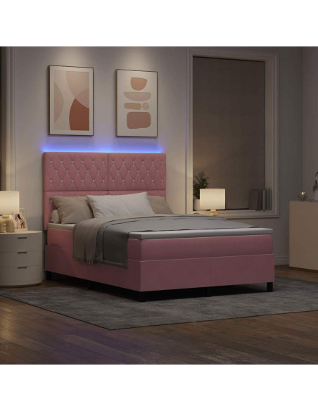 Letto a Sorgente LED con materasso Rosa 140 x 190 cm Velluto