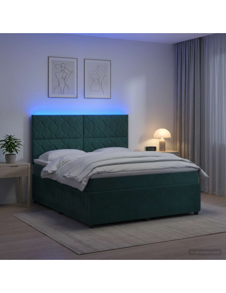 Letto Box Spring LED con Materasso Verde Scuro 160 x 200 cm