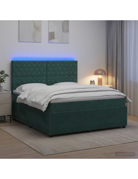Letto Box Spring LED con Materasso Verde Scuro 180 x 200 cm