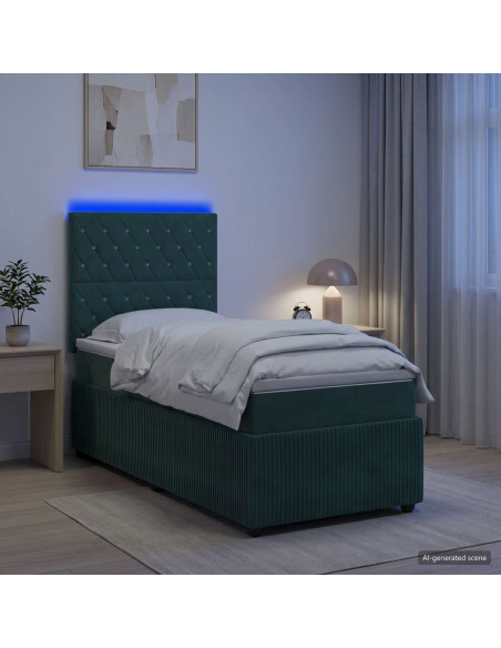 Letto Box Spring LED con Materasso Verde Scuro 90 x 190 cm