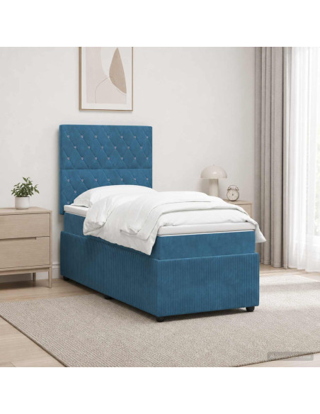 Letto Box Spring LED con Materasso Blu 90 x 190 cm Velluto