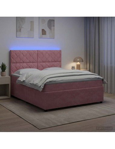 Letto Box Spring LED con Materasso Rosa 140 x 200 cm Velluto