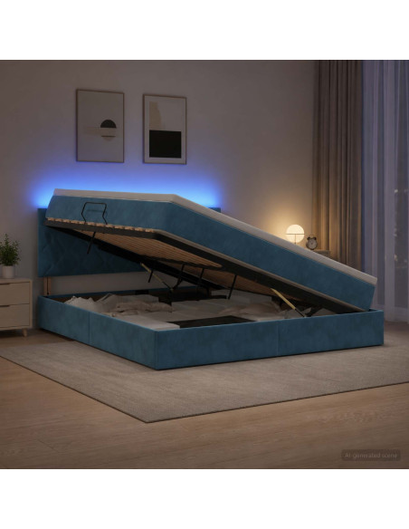 Letto con contenitore LED e materasso Blu Scuro 160 x 200 cm