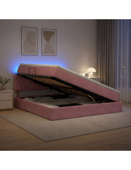 Letto con contenitore LED e materasso Rosa 140 x 200 cm Velluto