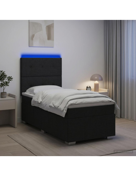 Letto Box Spring LED con Materasso Nero 100 x 200 cm Tessuto