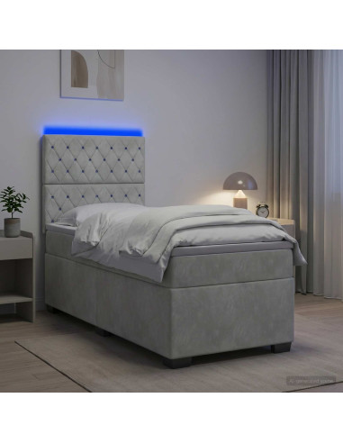 Letto con Box Spring, Materasso e LED Grigio Chiaro 90 x 190 cm