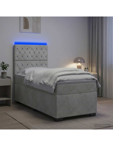 Letto con Box Spring, Materasso e LED Grigio Chiaro 90 x 190 cm