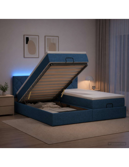 Letto Ottomano con Materasso e LED Blu 180 x 200 cm Tessuto