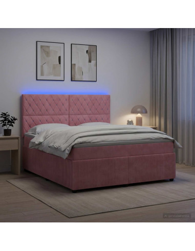 Letto Box Spring LED con Materasso Rosa 180 x 200 cm Velluto