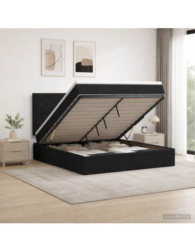 Letto Ottomano con Materasso e LED Nero 140 x 190 cm Tessuto