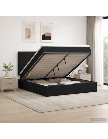 Letto Ottomano con Materasso e LED Nero 140 x 190 cm Tessuto