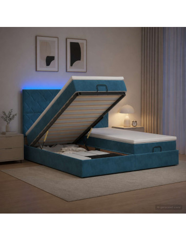 Letto Ottomano con Materasso e LED Blu scuro 160 x 200 cm