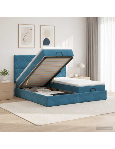 Letto Ottomano con Materasso e LED Blu scuro 160 x 200 cm