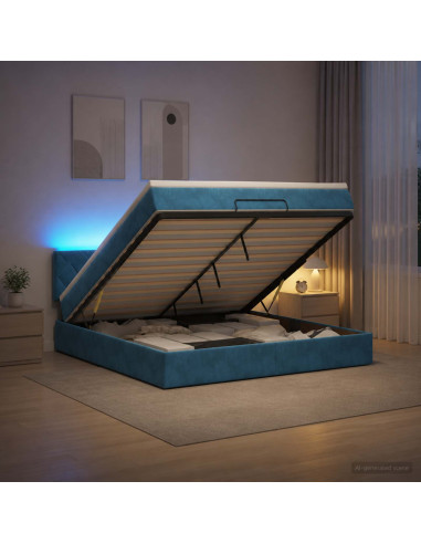 Letto Ottomano con Materasso e LED Blu scuro 140 x 190 cm